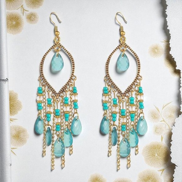 🆕Boho Chic Gold & Turquoise Festival Drop Lightweight Statement Earrings - Picture 7 of 9